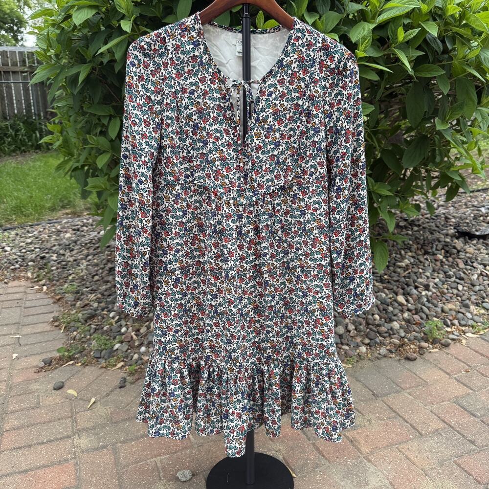 J.Crew Womens XS Floral Long Sleeve Keyhole Ruffle Hem Shift Dress Multi-Color